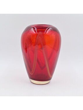 Red Hand Blown Art Glass Vase With White Swirl Pattern 8" Tall Vintage